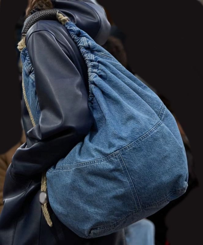 画像3: catwalk large capacity garbage denim pleated shoulder tote bag キャットウォークデニムラージキャパシティーショルダートートショッピング通学 通勤  (3)