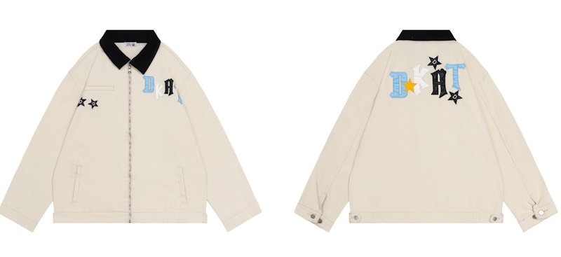 画像1: unisex star letter patch embroidery splicing lapel jacket 　ユニセックス 男女兼用レター刺繍ジップアップジャケットスタジャンスタジアムジャンバー (1)