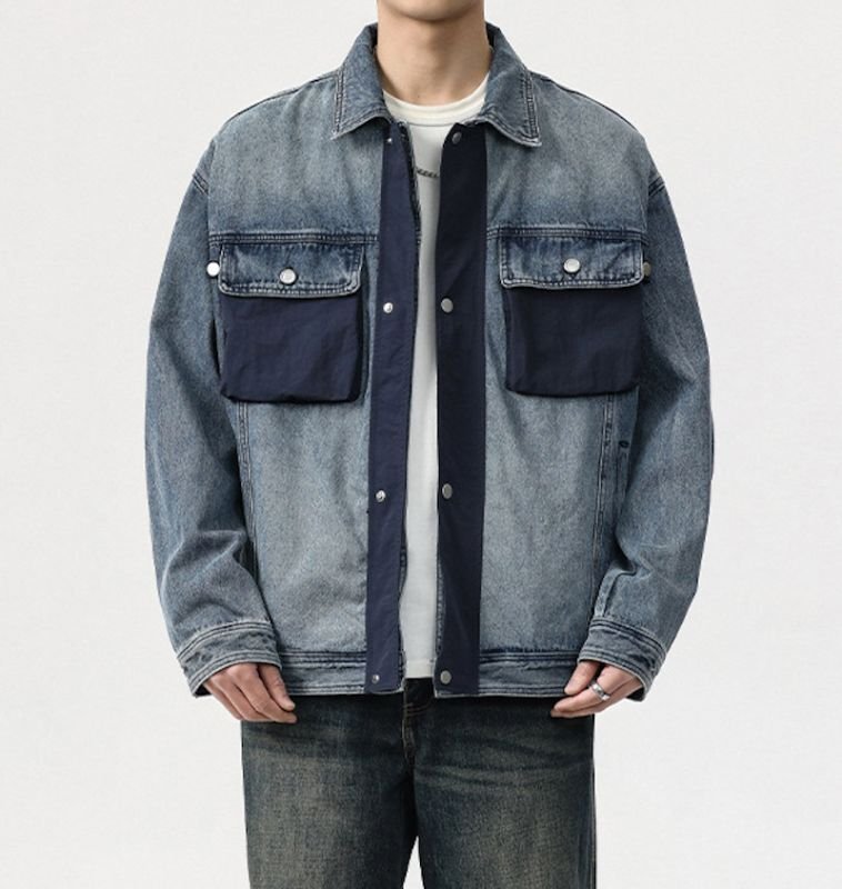 画像4: unisex pocket different material Denim G Jean Jacket blouson Stadium jumper ユニセックス 男女兼用異素材ポケットデニムGジャンジャンパー MA-1 ボンバー ジャケット ブルゾン (4)