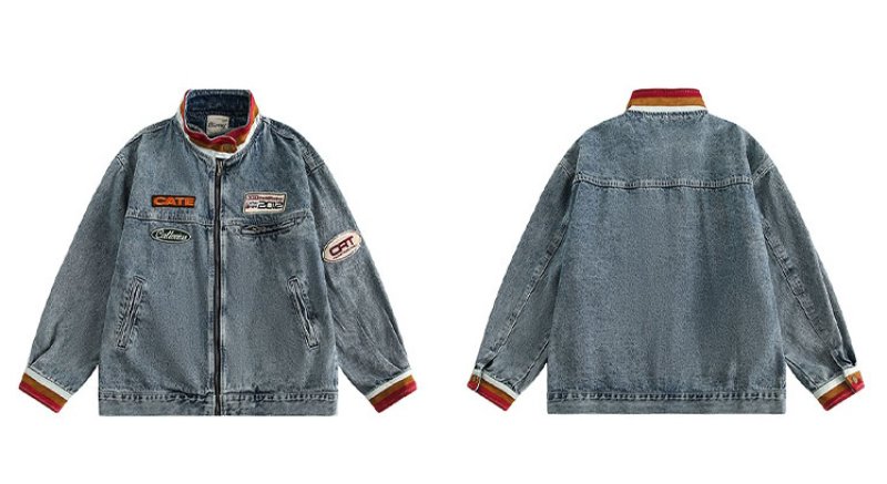 画像5: unisex stand collar emblem zip up Denim JacketG Jean  blouson Stadium jumper ユニセックス 男女兼用スタンドカラーエンブレムジップアップデニムGジャンジャンパー MA-1 ボンバー ジャケット ブルゾン (5)