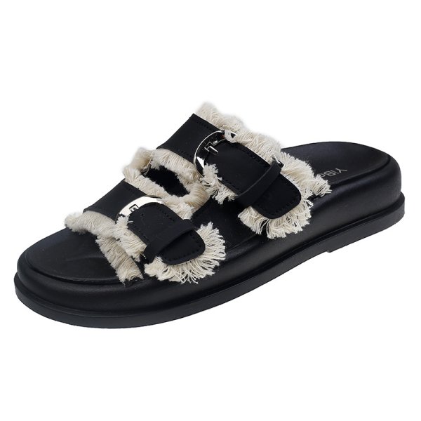 画像1: Unisex fringe denim metal belt sandals slippers flip flops 　ユニセックスフリンジデニム 金具ベルトサンダルスリッパフリップフロップ　 (1)