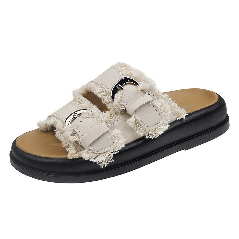 Unisex fringe denim metal belt sandals slippers flip flops