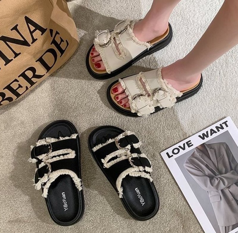 画像3: Unisex fringe denim metal belt sandals slippers flip flops 　ユニセックスフリンジデニム 金具ベルトサンダルスリッパフリップフロップ　 (3)