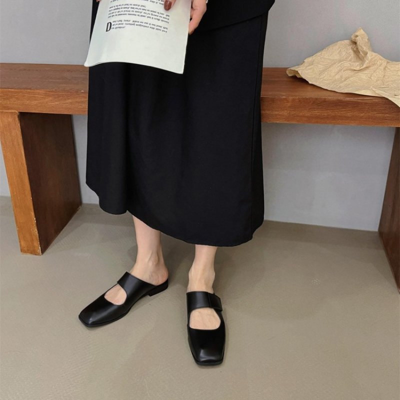 画像8: Women’s Square Toe Retro British Style Half Slippers flat pumps shoes 　フラットフレンチハーフレザーパンプスシューズ (8)