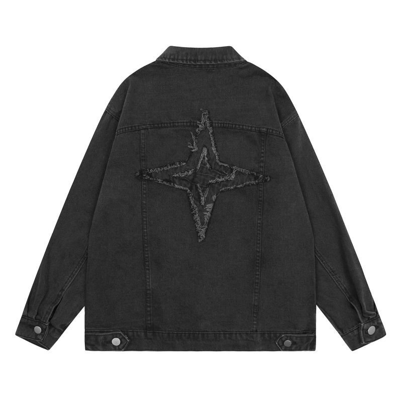 画像4: unisex American high street letter star patch embroidered denim jacket G Jean  ユニセックス 男女兼用スター刺繍デニムGジャンジャンパー MA-1 ボンバー ジャケット ブルゾン (4)