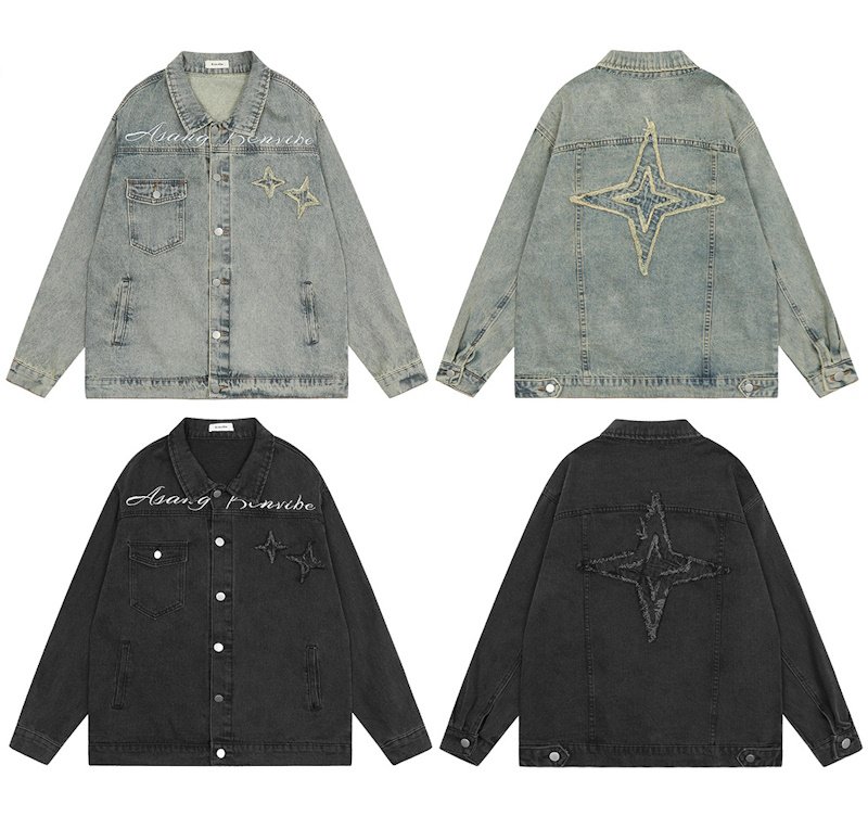画像5: unisex American high street letter star patch embroidered denim jacket G Jean  ユニセックス 男女兼用スター刺繍デニムGジャンジャンパー MA-1 ボンバー ジャケット ブルゾン (5)