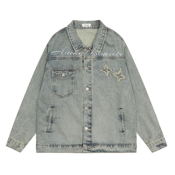 画像1: unisex American high street letter star patch embroidered denim jacket G Jean  ユニセックス 男女兼用スター刺繍デニムGジャンジャンパー MA-1 ボンバー ジャケット ブルゾン (1)