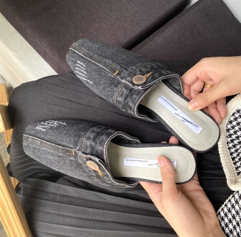 画像7: Women’s Denim distressed boat witch  scoop shoes Half Slippers flat pumps shoes  デニムダメージフラットハーフパンプスサンダルミュールシューズ (7)