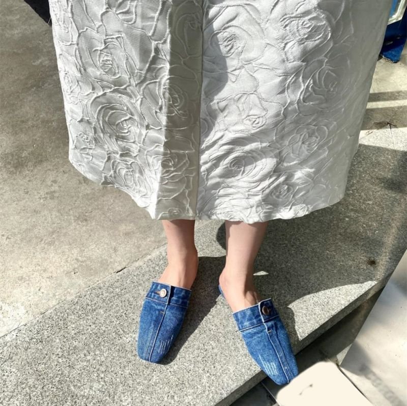 画像11: Women’s Denim distressed boat witch  scoop shoes Half Slippers flat pumps shoes  デニムダメージフラットハーフパンプスサンダルミュールシューズ (11)