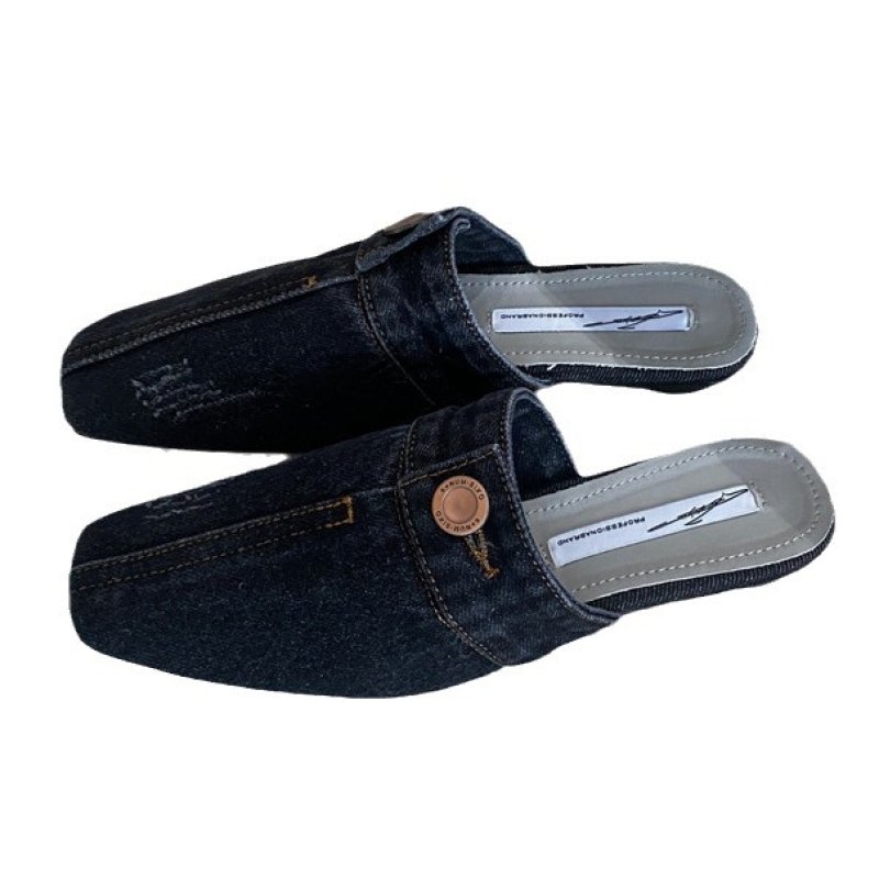 画像2: Women’s Denim distressed boat witch  scoop shoes Half Slippers flat pumps shoes  デニムダメージフラットハーフパンプスサンダルミュールシューズ (2)