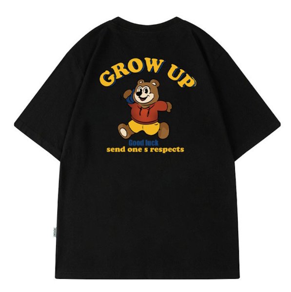 画像1: GROW UP×Bear round neck short sleeve T-shirt 　 ユニセックス男女兼用GROW UP×ベア熊プリントラウンドネック半袖 Tシャツ (1)