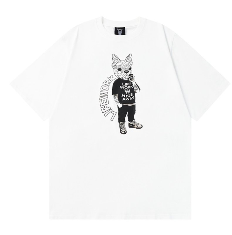 画像1: tea time bulldog round neck short sleeve T-shirt 　 ユニセックス男女兼用ティータイムブルドッグラウンドネック半袖 Tシャツ (1)