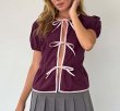 画像8: ribbon knot puff sleeve blouse　リボン結びパフスリーブパイピングブラウスTシャツ (8)