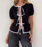 画像6: ribbon knot puff sleeve blouse　リボン結びパフスリーブパイピングブラウスTシャツ (6)