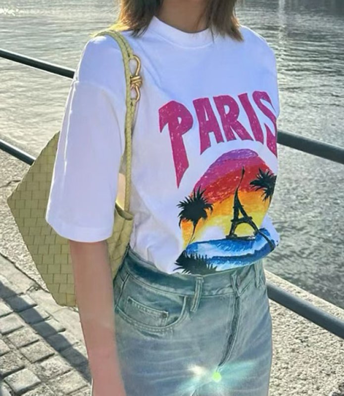 画像8: Hawaiian beach& Paris printround neck short sleeve T-shirt   ユニセックス男女兼用ハワイアンビーチ&パリプリントラウンドネック半袖 Tシャツ (8)