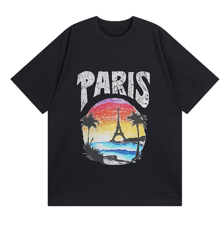 画像2: Hawaiian beach& Paris printround neck short sleeve T-shirt   ユニセックス男女兼用ハワイアンビーチ&パリプリントラウンドネック半袖 Tシャツ (2)