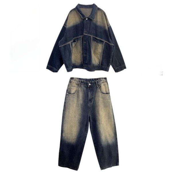 画像1: Unisec Men's Sand cut maxi wide denim Jacket and pants set  メンズ ユニセックス 男女兼用 サンドウォッシング デニム トラッカージャケット & ワイドデニムパンツ セットアップ (1)