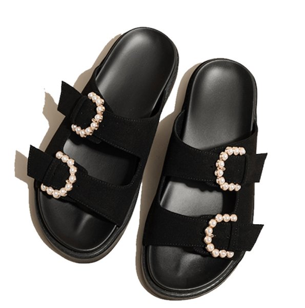 画像1: thick-soled pearl square buckle flat  Sandals  Slipper ユニセックス男女兼用 パールバックルストラップ厚底フラットサンダル スリッパ (1)