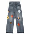 画像1: Unisex floral embroidery Emblem Denim Pant 男女兼用 ユニセックス デニムフラワー花エンブレム刺繡パンツ　ジーンズ (1)