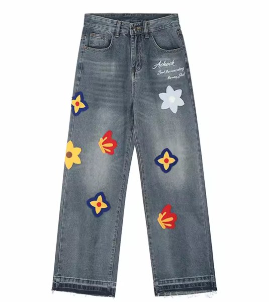 画像1: Unisex floral embroidery Emblem Denim Pant 男女兼用 ユニセックス デニムフラワー花エンブレム刺繡パンツ　ジーンズ (1)