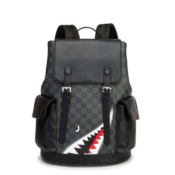 画像1: 24 Unisex Check Pattern with Shark Design Back Pack ユニセックス　男女兼用　チェック柄×シャーク　バックパック　リュックサック　鞄 (1)