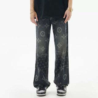 Achock Men's Monogram Flower Patch Pring Denim Pants Jeans