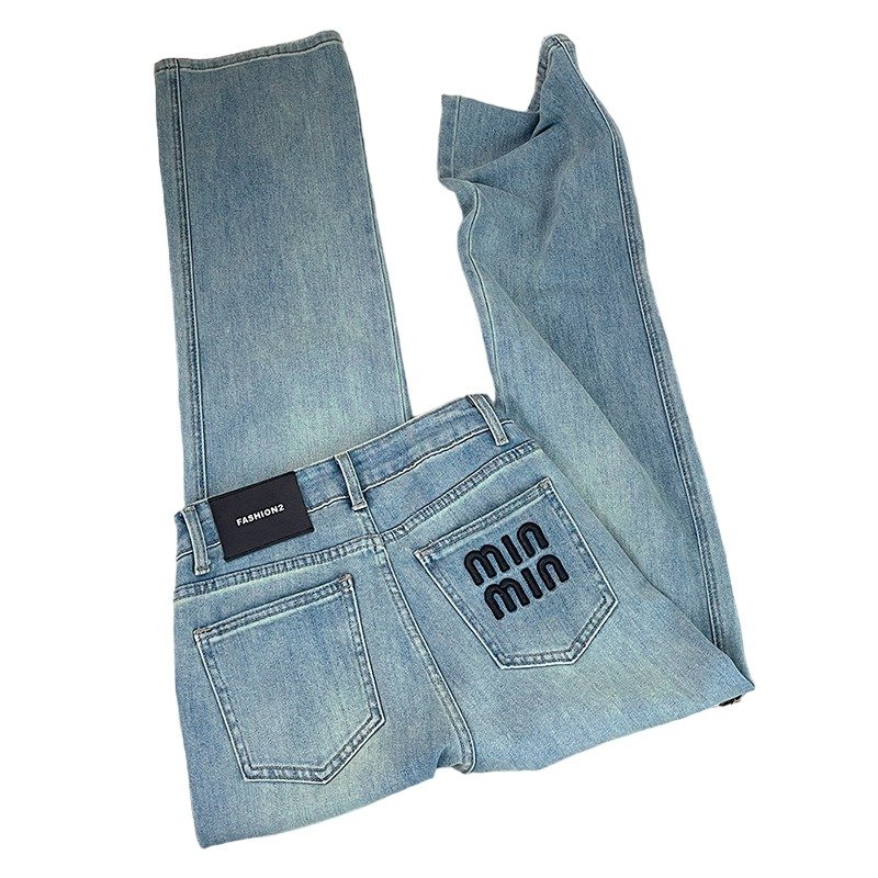 画像4: Ladies Embroidery Logo Stretch Straight Denim Jeans レディース　ストレッチ　刺繍　ロゴ　ストレート　デニム　ジーンズ (4)