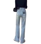 画像1: Ladies Embroidery Logo Stretch Straight Denim Jeans レディース　ストレッチ　刺繍　ロゴ　ストレート　デニム　ジーンズ (1)