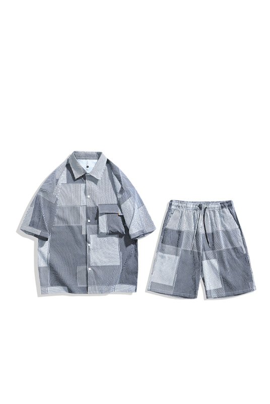 画像2: 24 Unisex  Stripe Short Sleeve Shirt + Short Pant Set up Matching Set  ユニセックス 男女兼用 ストライプ マッチングセット  セットアップ 上下 (2)