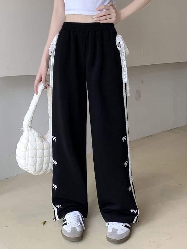 画像4: Ribbon embroidery High waist loose wide leg pants Sweatpants  男女兼用 ユニセックスリボン刺繍 ハイウエスト ルーズ ワイドレッグ スウェットパンツ   (4)
