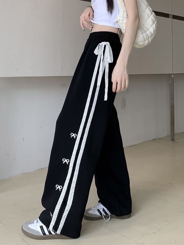 画像3: Ribbon embroidery High waist loose wide leg pants Sweatpants  男女兼用 ユニセックスリボン刺繍 ハイウエスト ルーズ ワイドレッグ スウェットパンツ   (3)