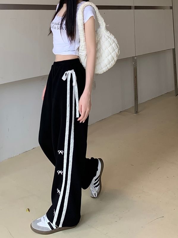 Ribbon embroidery High waist loose wide leg pants Sweatpants
