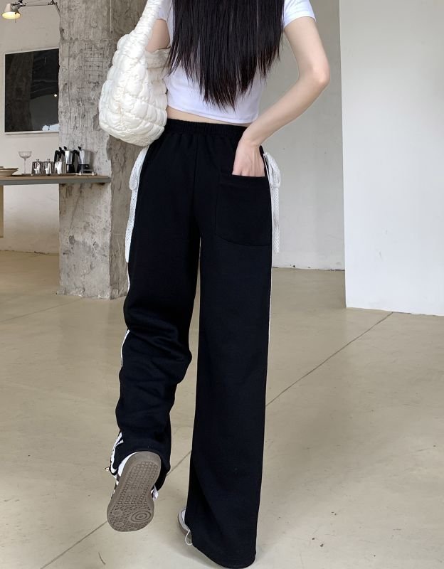 画像5: Ribbon embroidery High waist loose wide leg pants Sweatpants  男女兼用 ユニセックスリボン刺繍 ハイウエスト ルーズ ワイドレッグ スウェットパンツ   (5)