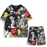 画像1: 24 Unisex Mickey Oversized comic cartoon printed Tshirts Shortpsnts Setup ミッキー グラフィックペイント オーバーサイズ Tシャツ ショートパンツセットアップ (1)