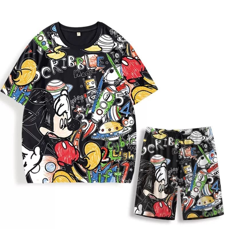 画像1: 24 Unisex Mickey Oversized comic cartoon printed Tshirts Shortpsnts Setup ミッキー グラフィックペイント オーバーサイズ Tシャツ ショートパンツセットアップ (1)
