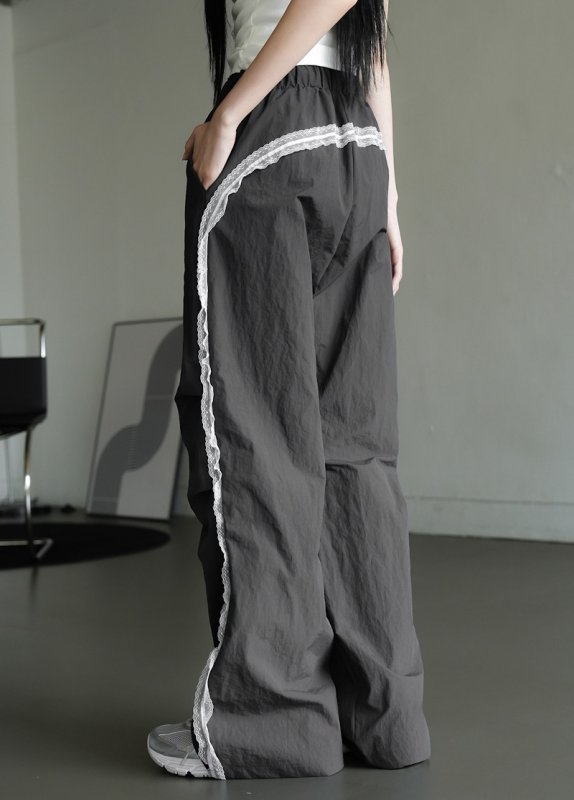 画像5: Lace Sideline Track Wide Pants High waist  pants   男女兼用 ユニセックスサイドレースハイウエスト ルーズ ワイドレッグ トラックパンツ   (5)