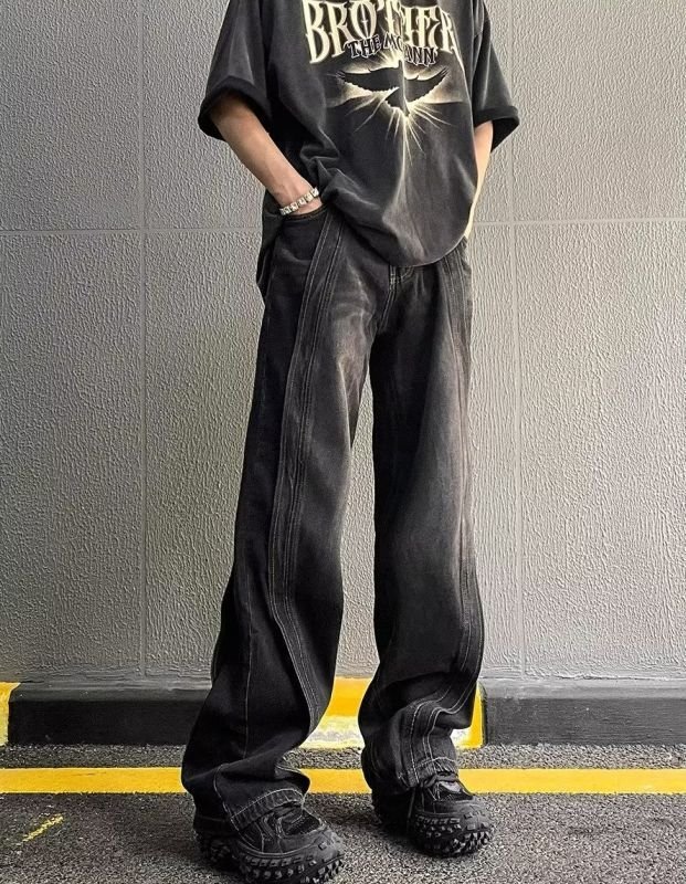 画像4:  Unisex Wave Washing Denim Heavyweight High-end Splice Jeans ユニセックス 男女兼用 ウェーブ ウォッシング デニムジーンズ (4)