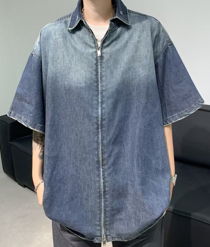 画像3: Unisex zip-up high street gradient wash denim short sleeve shirt　男女兼用 ユニセックスジップアップグラデーションウォッシュデニム半袖シャツジャケット (3)