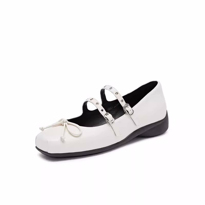 画像2: Women’s LeatherDouble Strap & Ribbon Square Toe Mary Jane Flat Shoes Scoop Ballet Shoes  　 レザーフラットダブルストラップ&リボンバレーシューズパンプススリッポンスニーカー (2)