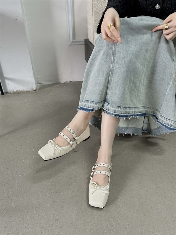 画像5: Women’s LeatherDouble Strap & Ribbon Square Toe Mary Jane Flat Shoes Scoop Ballet Shoes  　 レザーフラットダブルストラップ&リボンバレーシューズパンプススリッポンスニーカー (5)
