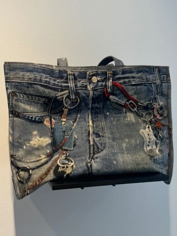 画像7: Unisex decorative chain damage paint denim one handle tote shoulder bag　ユニセックス　男女兼用　デコレイトチェーンダメージペイント  トロンプルイユプリント デニム効果 デニムトートショルダークロスボディースポーツエコバッグ (7)