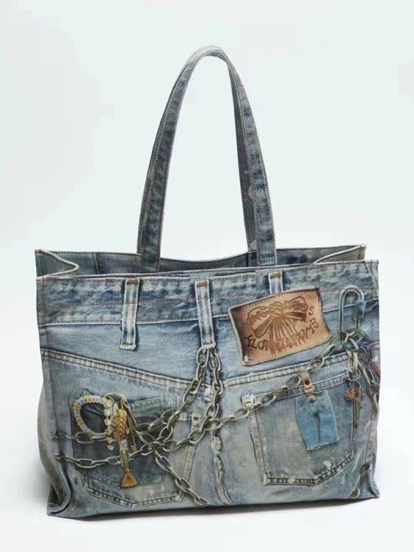 画像6: Unisex decorative chain damage paint denim one handle tote shoulder bag　ユニセックス　男女兼用　デコレイトチェーンダメージペイント  トロンプルイユプリント デニム効果 デニムトートショルダークロスボディースポーツエコバッグ (6)