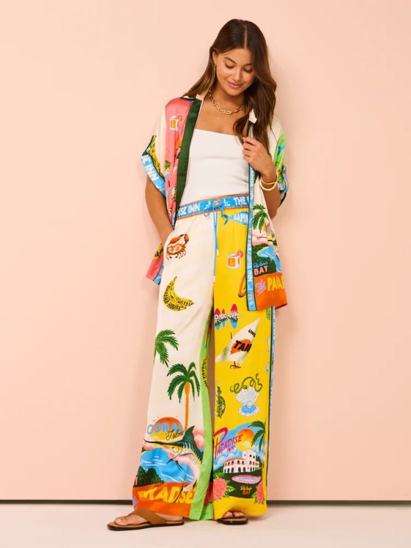 画像10: Paradise Land Tropical Print Blouse & Wide Leg Pants Set Setup  パラダイスランド南国トロピカルプリントブラウス＆ワイドレッグパンツ セットアップセット (10)