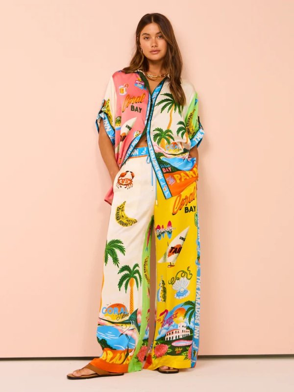 画像7: Paradise Land Tropical Print Blouse & Wide Leg Pants Set Setup  パラダイスランド南国トロピカルプリントブラウス＆ワイドレッグパンツ セットアップセット (7)