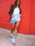 画像4: Women's unisex Color block denim pointed toe chunky heel high heel mid calf boots   ユニセックス男女兼用デニムカラーブロックスプリットブーツ (4)