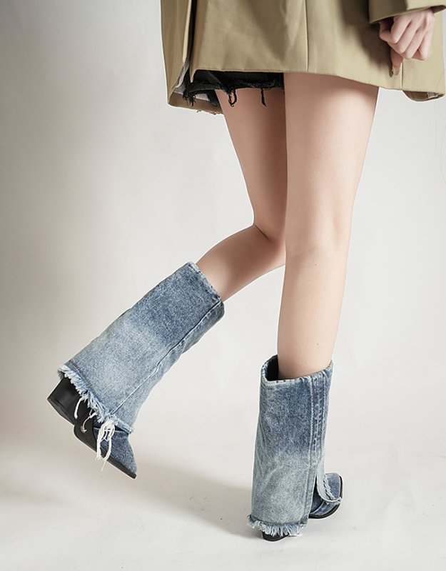 画像5: Women's unisex Color block denim pointed toe chunky heel high heel mid calf boots   ユニセックス男女兼用デニムカラーブロックスプリットブーツ (5)
