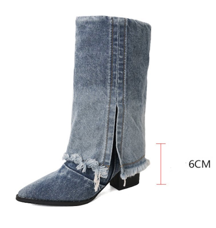 画像6: Women's unisex Color block denim pointed toe chunky heel high heel mid calf boots   ユニセックス男女兼用デニムカラーブロックスプリットブーツ (6)