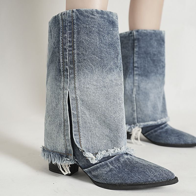 画像2: Women's unisex Color block denim pointed toe chunky heel high heel mid calf boots   ユニセックス男女兼用デニムカラーブロックスプリットブーツ (2)