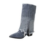 画像1: Women's unisex Color block denim pointed toe chunky heel high heel mid calf boots   ユニセックス男女兼用デニムカラーブロックスプリットブーツ (1)