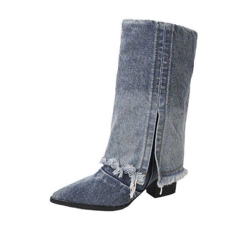 画像1: Women's unisex Color block denim pointed toe chunky heel high heel mid calf boots   ユニセックス男女兼用デニムカラーブロックスプリットブーツ (1)